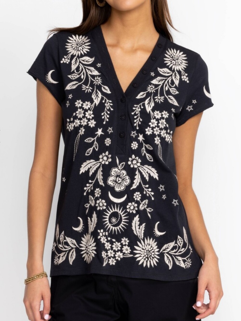 Johnny Was Black Short-Sleeve V-Neck Top w/ Cream Floral Embroidery Size S, NWOT